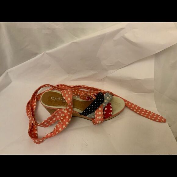 Sperry Women's 10 M  Cork Wedge Heel Seersucker Fabric Leg Straps & Ties dots - Picture 1 of 10
